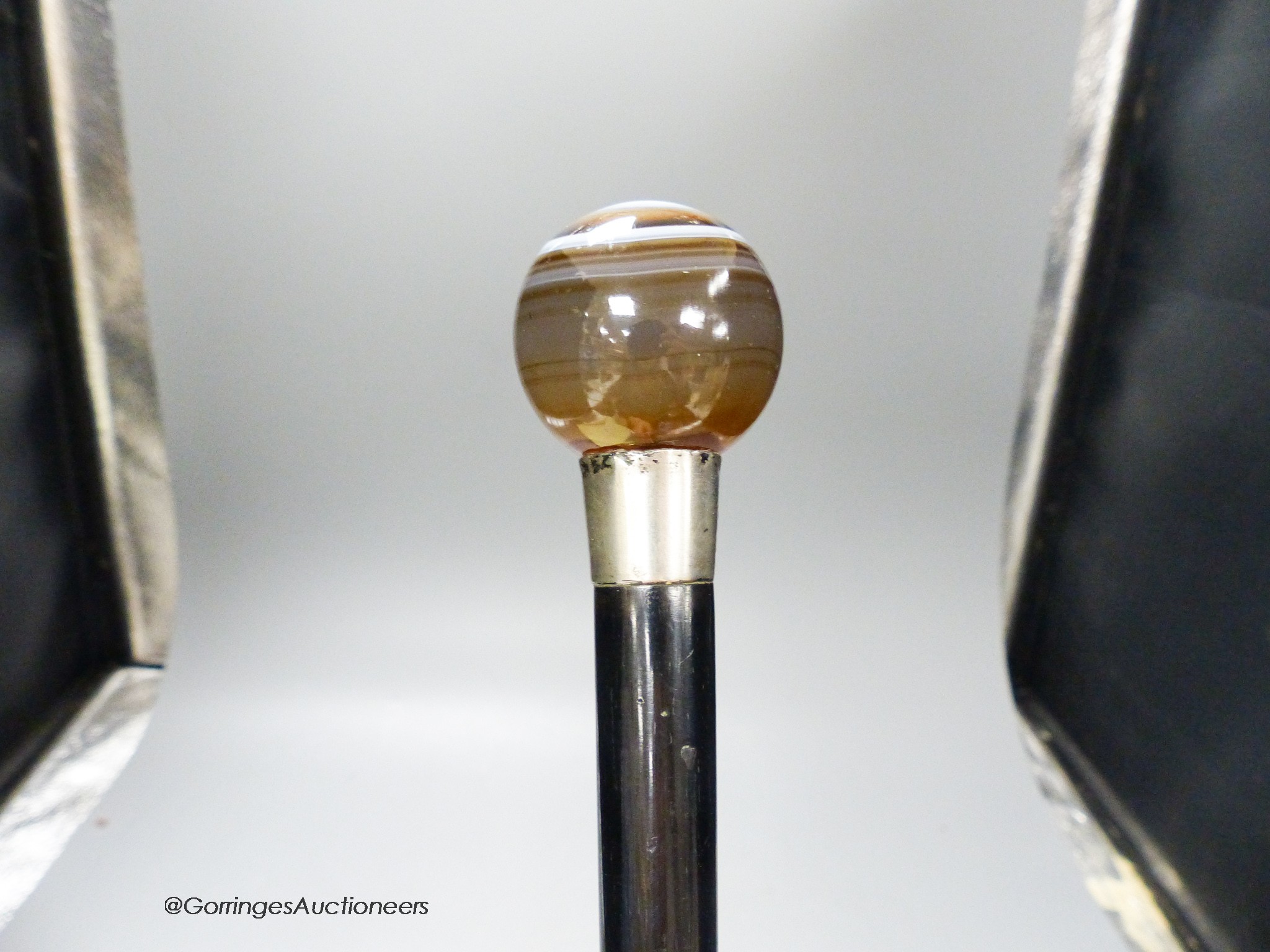 A late Victorian banded agate ball top cane, maker’s mark RB, London 1891, 91cm